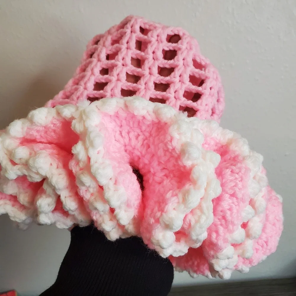 Children's Pink Ruffle Crocheted Bucket Hat‎ Girly Coquette Fancy Cap Unique EUC